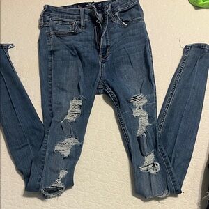 Hollister Women's Ripped Skinny Jeans - Dark Blue Zero Long